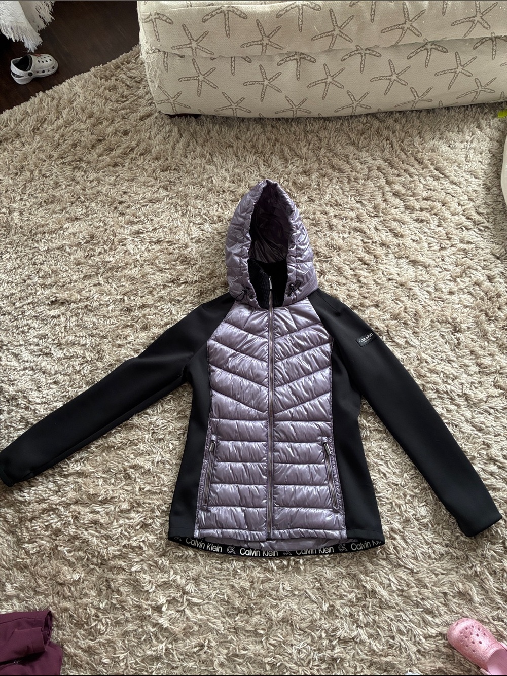 Calvin Klein Black & Light Purple Quilted Hooded Puffer Jacket